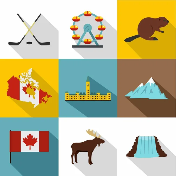 Conjunto de iconos Turismo en Canadá, estilo plano — Archivo Imágenes Vectoriales