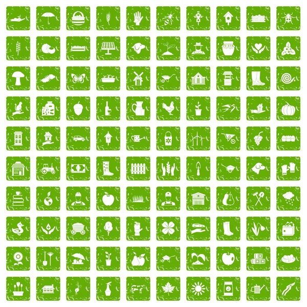 100 icone fattoria set grunge verde — Vettoriale Stock