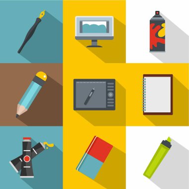 Tasarımcı ekipman simge seti, düz stil