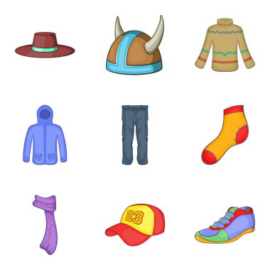 Kış giysileri simge seti, karikatür tarzı