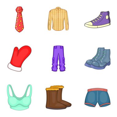 Moda giysiler simge seti, karikatür tarzı