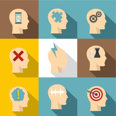 Adam kafa düşünceler simge seti, düz stil ile