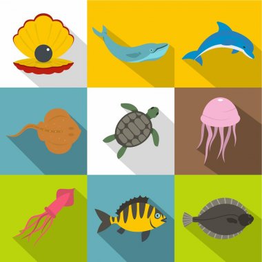 Su yaban hayatı simge seti, düz stil
