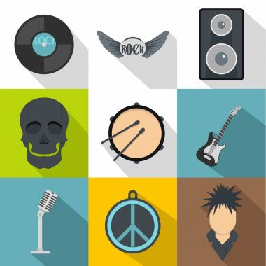 Rock instrument icon set, flat style clipart