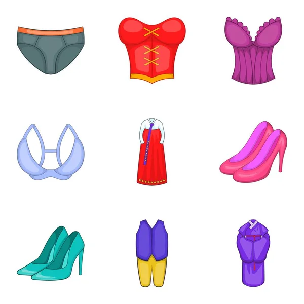 Conjunto de ícones de roupas de mulher, estilo cartoon — Vetor de Stock