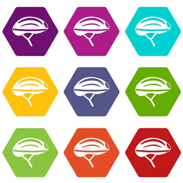 Conjunto de iconos casco bicicleta color hexaedro — Vector de stock