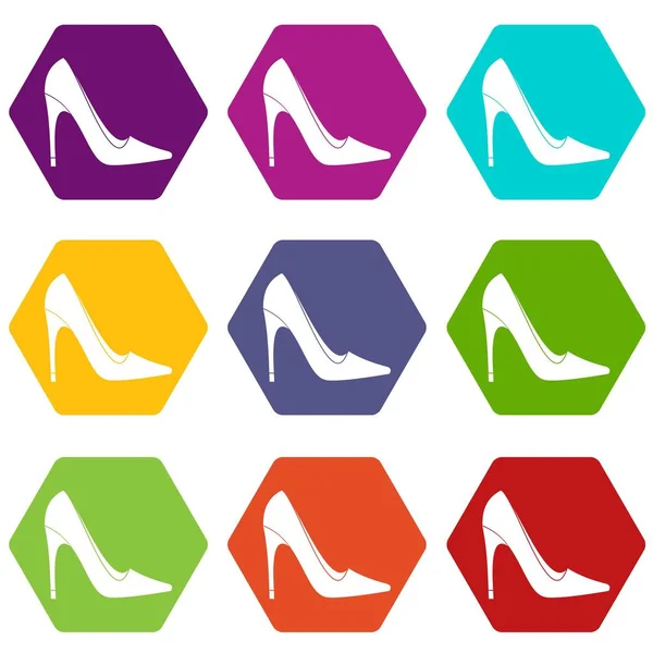 Haut talon chaussure icône ensemble couleur hexaèdre — Image vectorielle