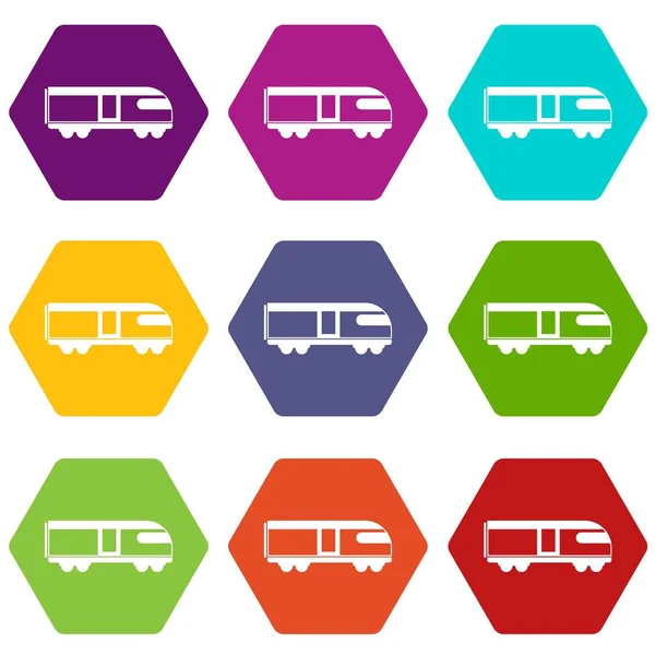 Svájci hegyi vonat ikon készlet színes hexahedron — Stock Vector