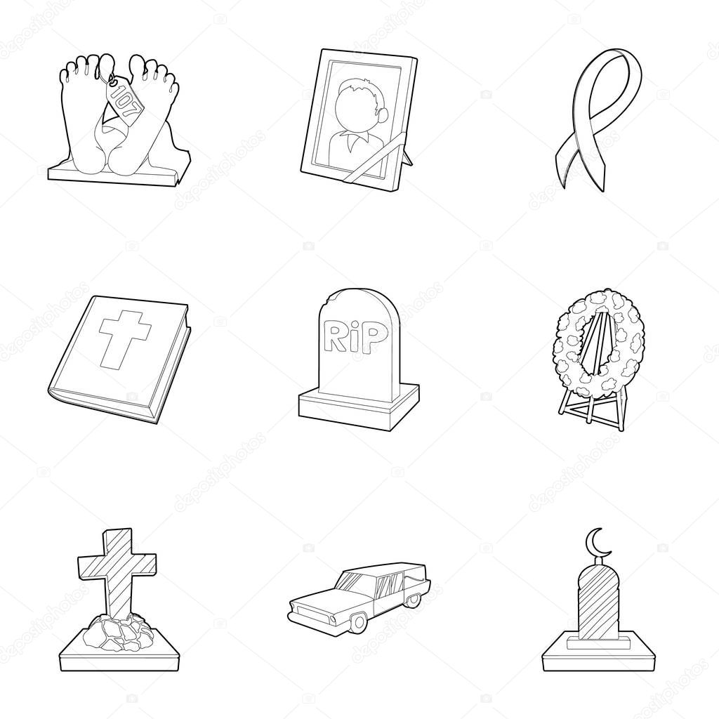 Cemetery icons set, outline style