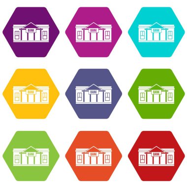 Renk altı yüzlü Banka Binası Icon set