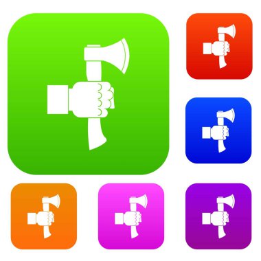 Ahşap sapı set renk koleksiyonu ile balta tutan el