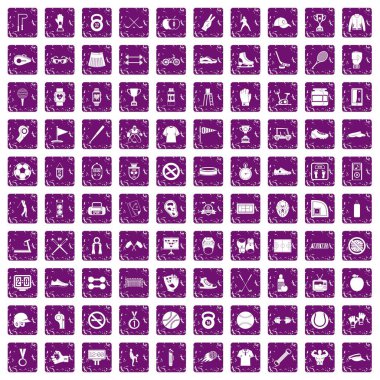 100 spor ekipmanları simgeler grunge mor ayarla