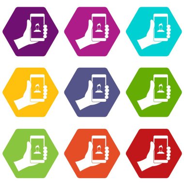 Renk altı yüzlü el holding smartphone ile fotoğraf simgesini ayarla