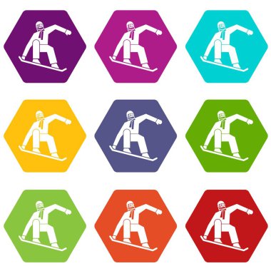 Renk altı yüzlü snowboard Icon set
