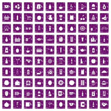 100 içecek simgeler grunge mor ayarla