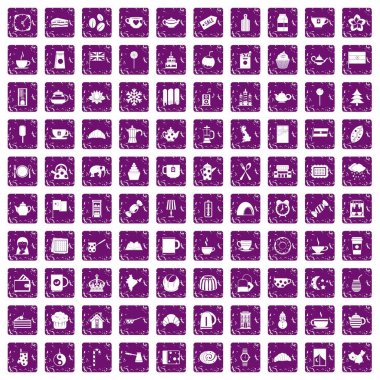 100 çay Kupası simgeler grunge mor ayarla