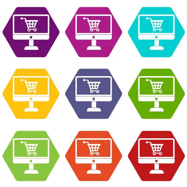 Compra en la tienda online a través del icono de la computadora set color hexaedro — Vector de stock