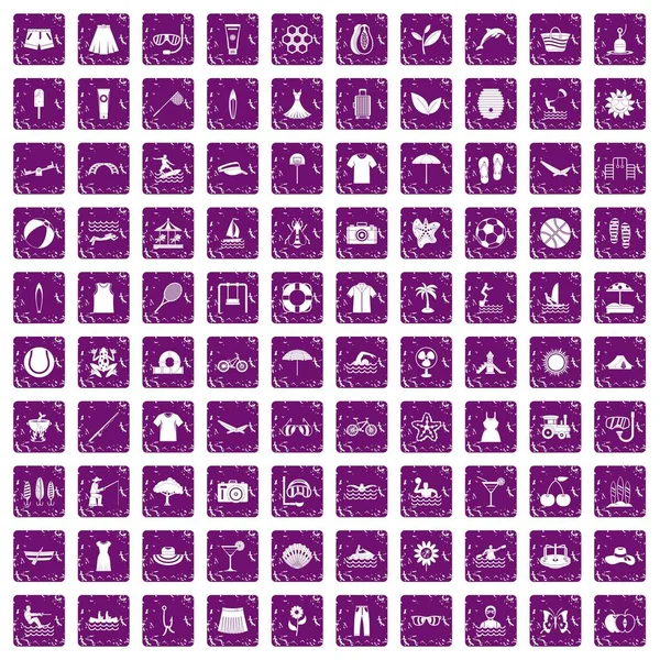 100 summer icons set grunge purple — Stock Vector
