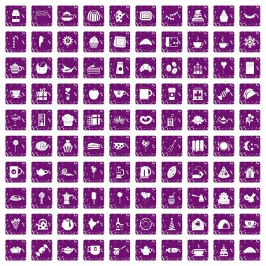 100 çay partisi simgeler grunge mor ayarla