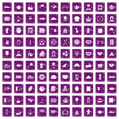 100 çay zaman gıda simgeler grunge mor ayarla