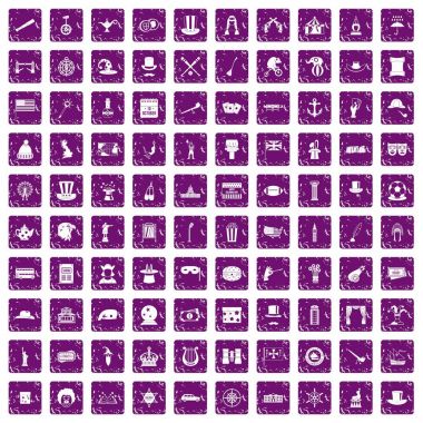 100 silindir şapka simgeler grunge mor ayarla