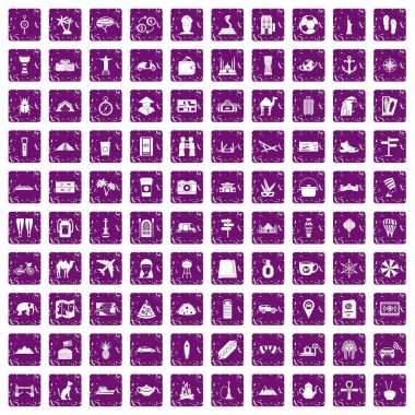 100 turizm simgeler grunge mor ayarla