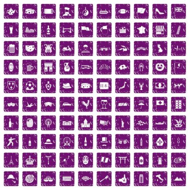 100 turistik cazibe merkezlerine simgeler grunge mor ayarla