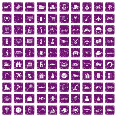 100 oyuncaklar çocuklar simgeler için grunge mor ayarla