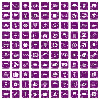 100 şemsiye simgeler grunge mor ayarla