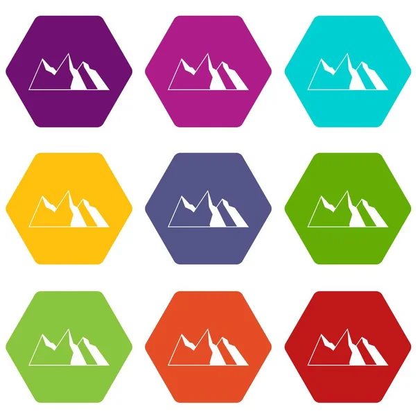 Bergen pictogrammenset kleur hexahedron — Stockvector