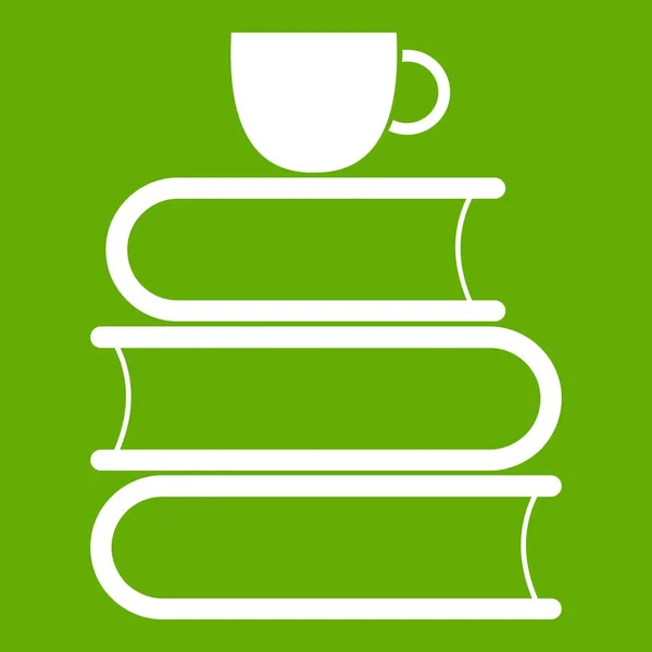 Empilement de livres et icône de tasse blanche vert — Image vectorielle