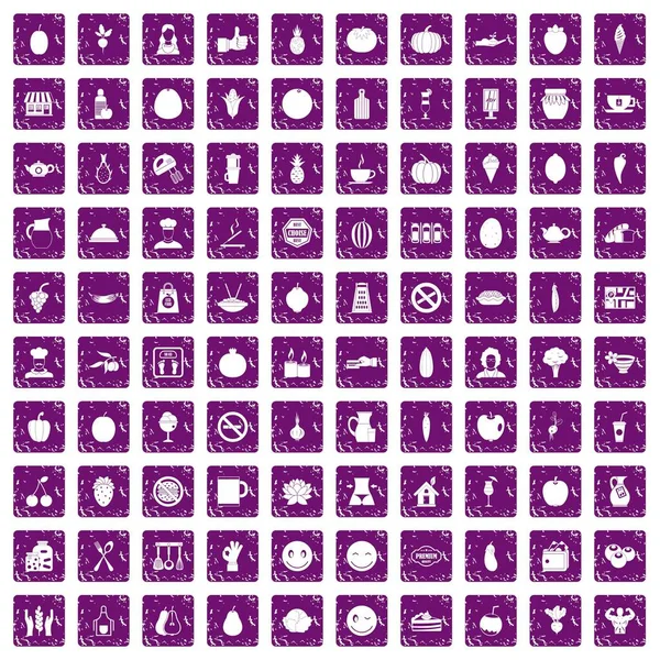 100 vegetarian cafe icons set grunge purple — Stock Vector