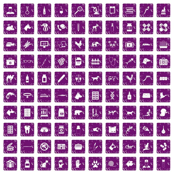 100 iconos veterinarios set grunge púrpura — Vector de stock