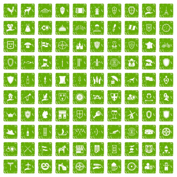 100 icone dello scudo set grunge verde — Vettoriale Stock