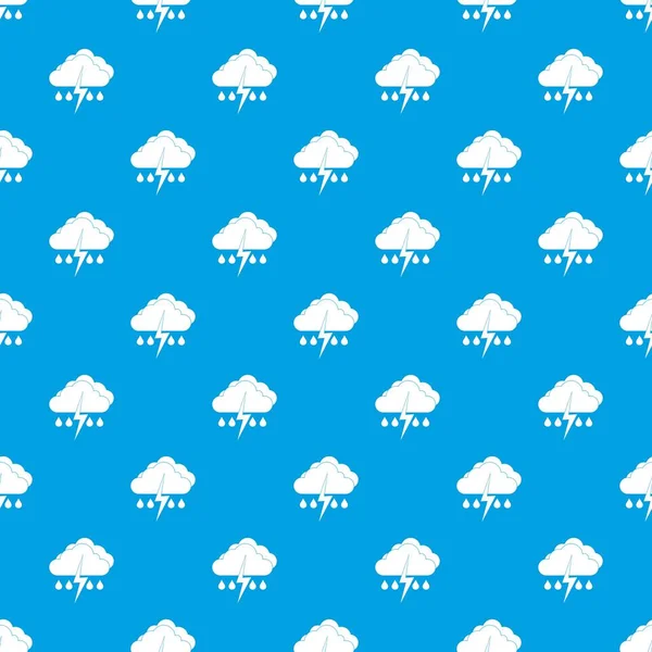 Nube con el rayo y el patrón de lluvia sin costuras azul — Vector de stock