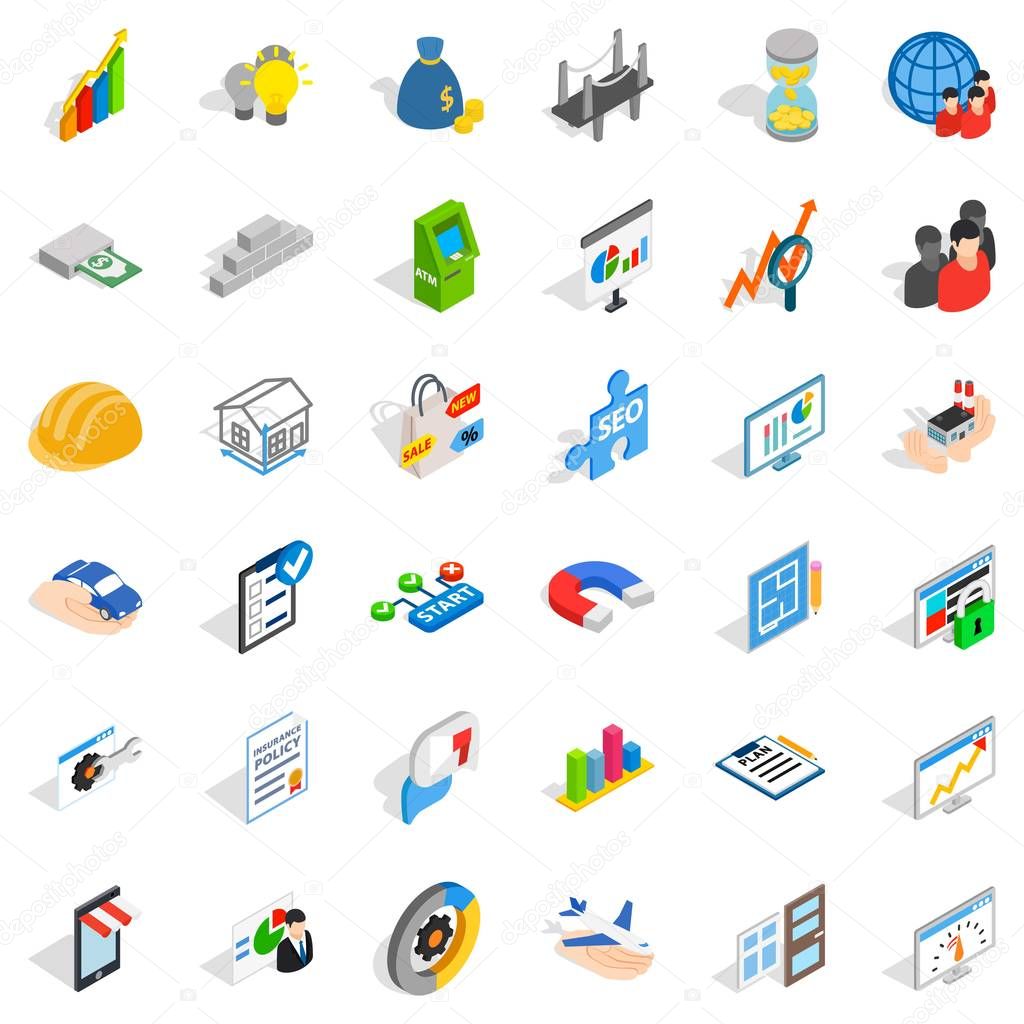 Capital icons set. Isometric style of 36 capital vector icons for web isolated on white background