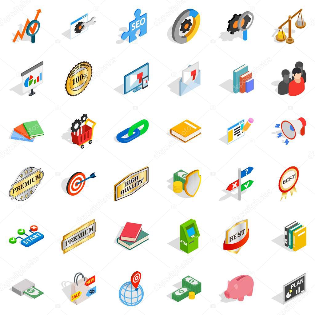 Target icons set. Isometric style of 36 target vector icons for web isolated on white background