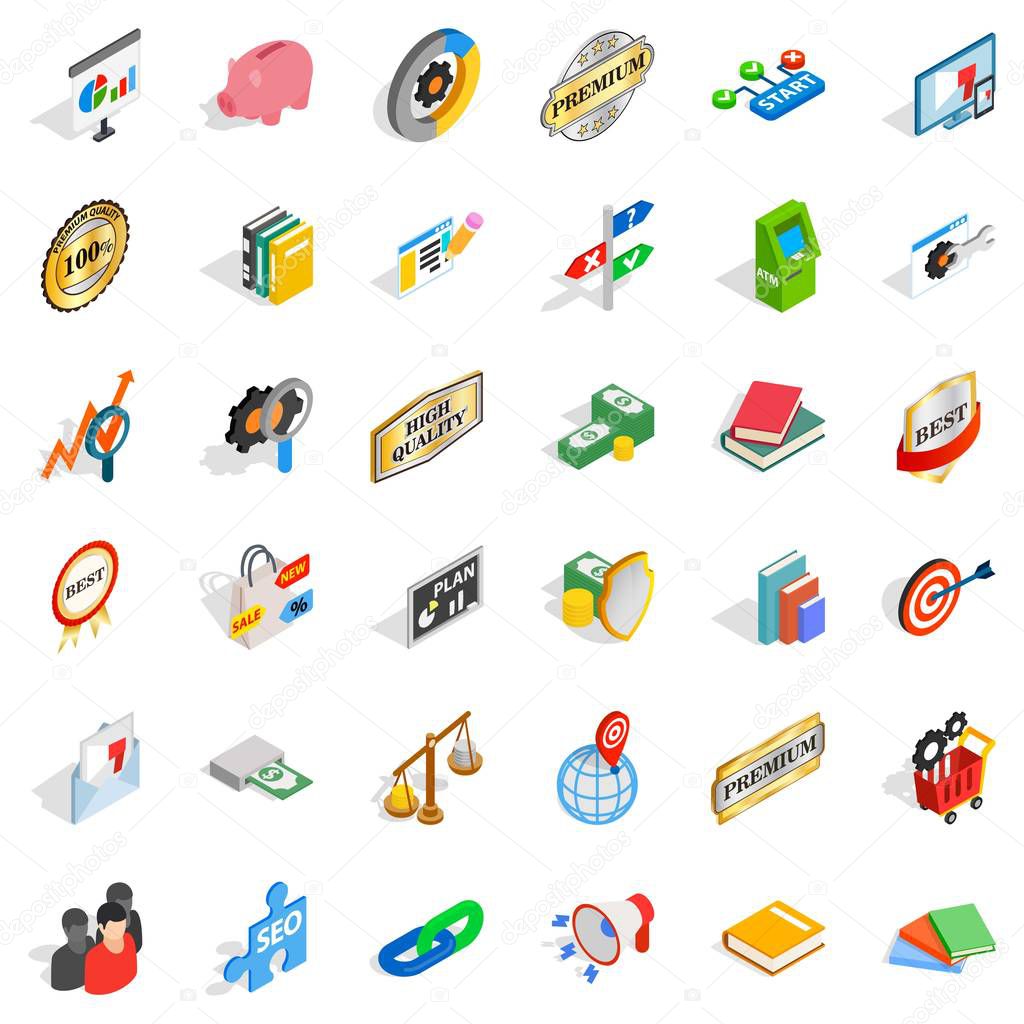 Coin icons set. Isometric style of 36 coin vector icons for web isolated on white background