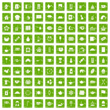 100 çay Kupası simgeler grunge yeşil ayarla