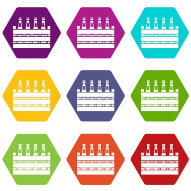 Renk altı yüzlü bira ahşap kutu Icon set