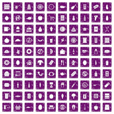 100 öğle yemeği simgeler grunge mor ayarla