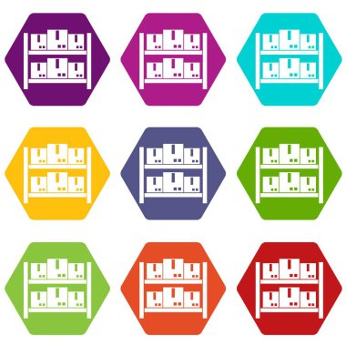 Renk altı yüzlü depolama malların ambar simgesi ayarla