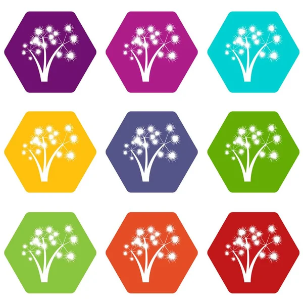 Tres palmeras puntiagudas icono conjunto hexaedro color — Vector de stock
