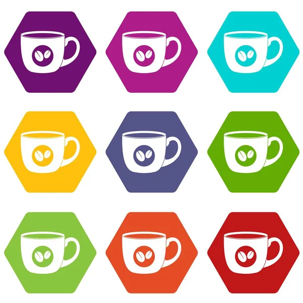 Cup of coffee icon set color hexahedron — Stock Vector