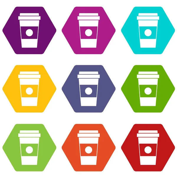Papír csésze kávé ikon készlet színes hexahedron — Stock Vector