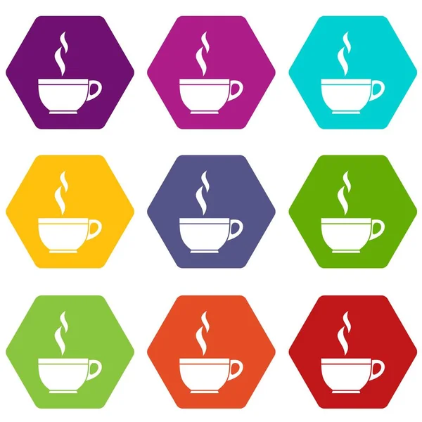 Copa de vidrio del icono del té establecer hexaedro de color — Vector de stock