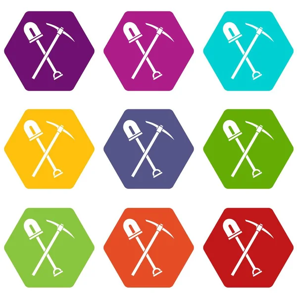 Pelle et pioche icône ensemble couleur hexaèdre — Image vectorielle