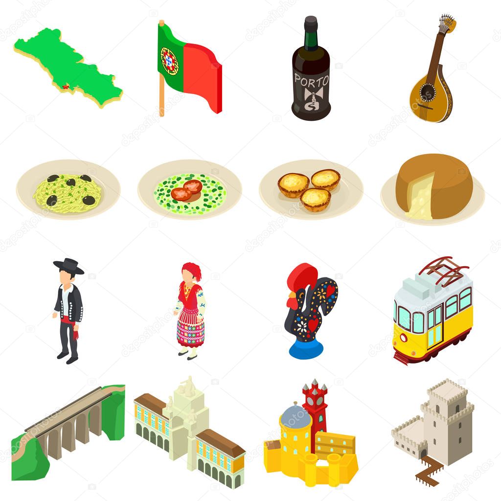 Portugal travel icons set, isometric style