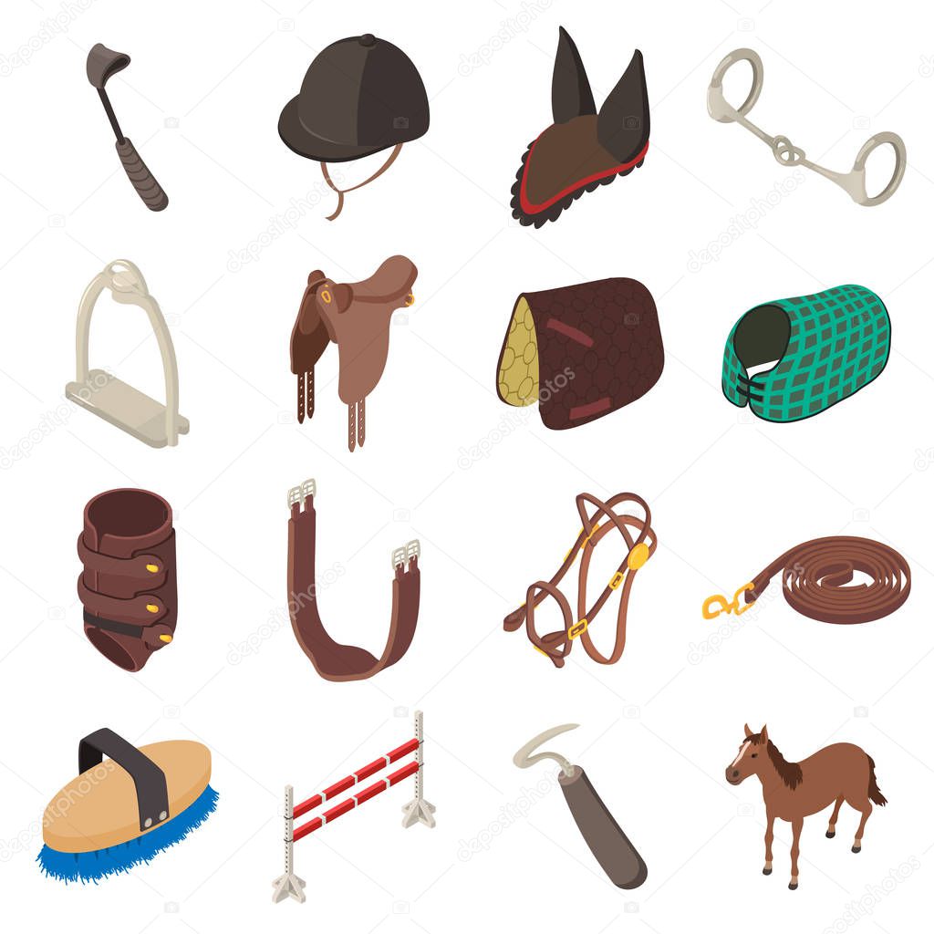 Horse sport equipment icons set, isometric style