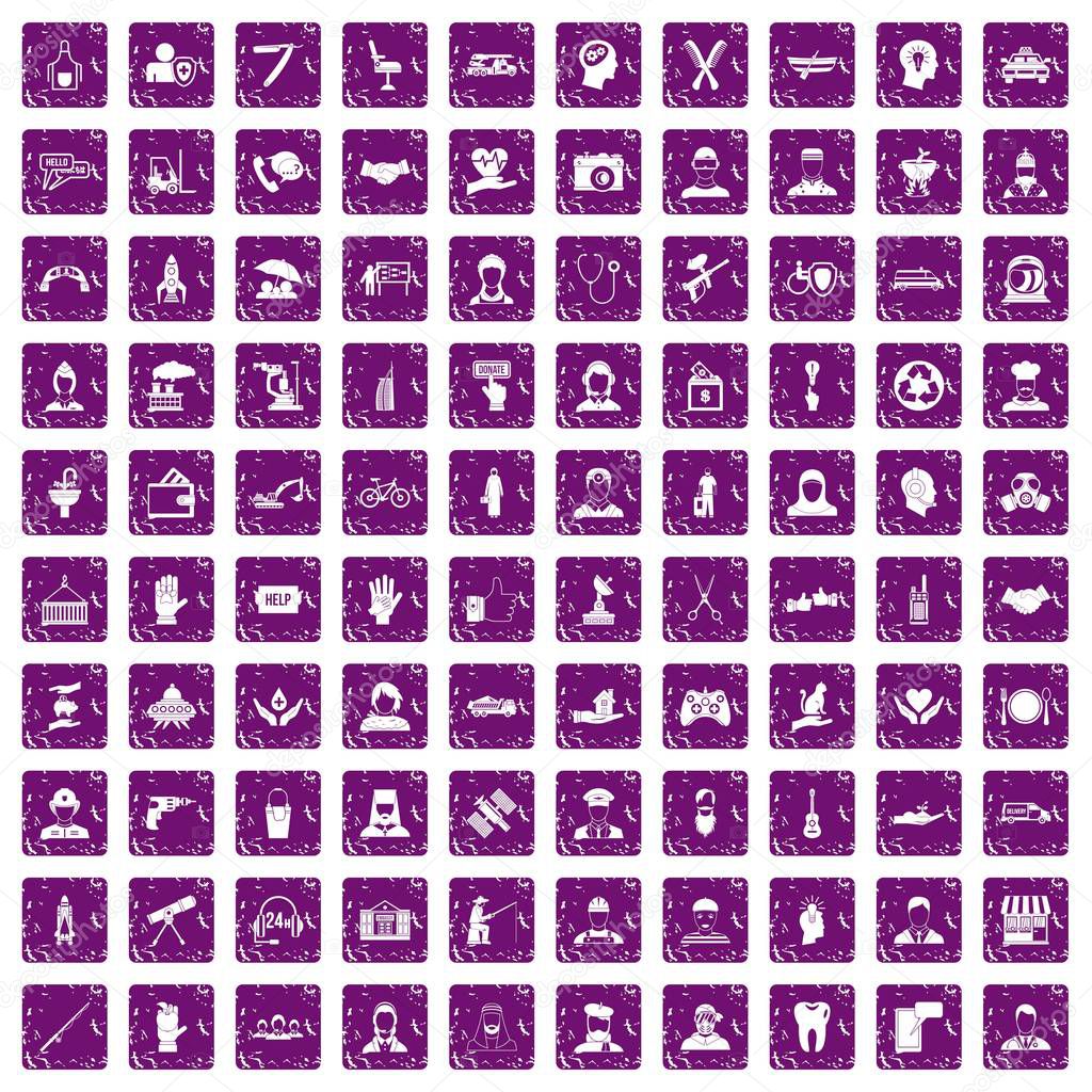 100 human resources icons set grunge purple